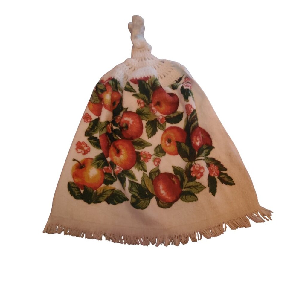Vintage Kitchen Towel With Crochet Top and Apple & Floral Print